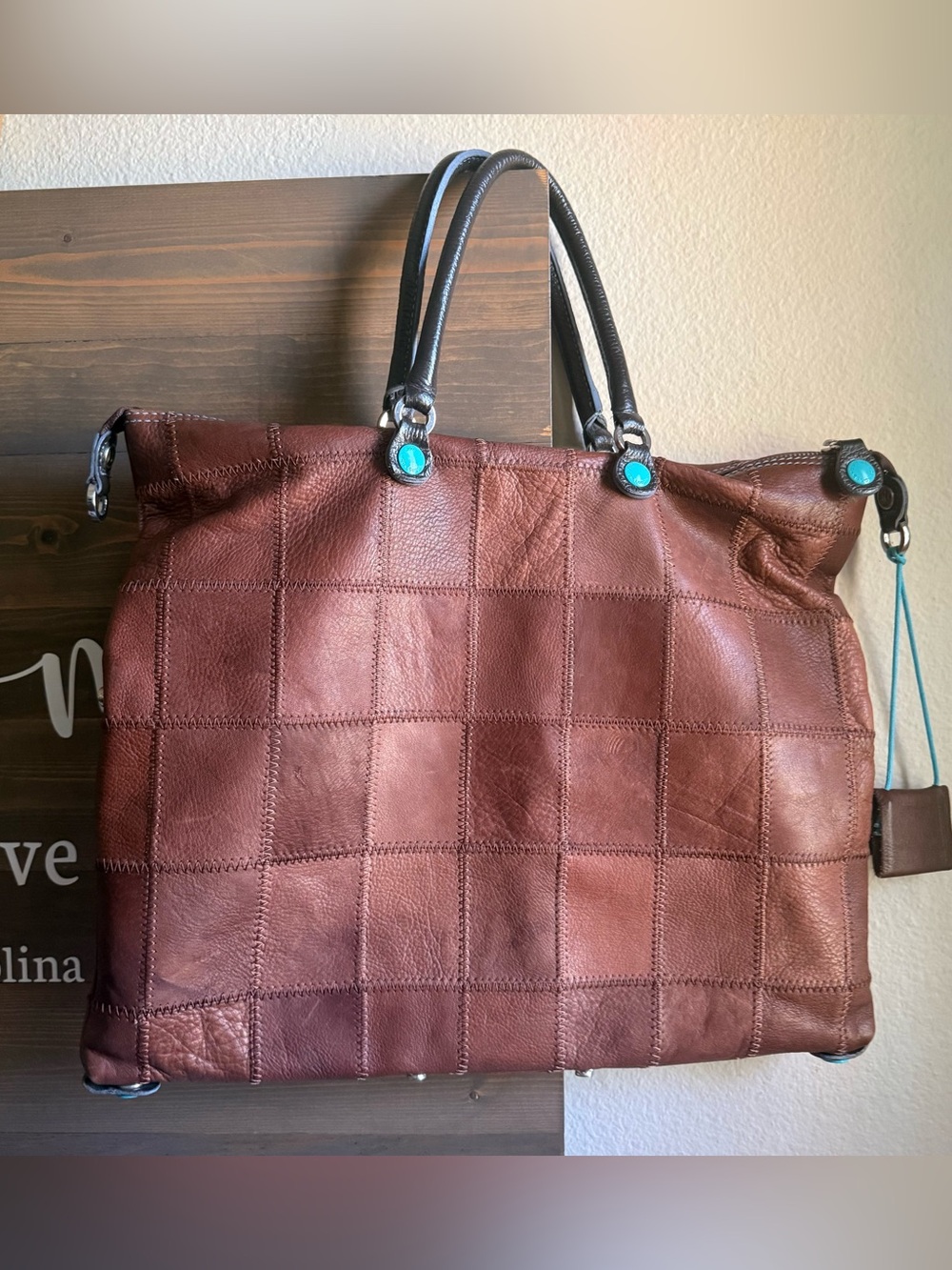 GABS Patchwork Brown Leather Tote with Turquoise Accents - Picture 4 of 8